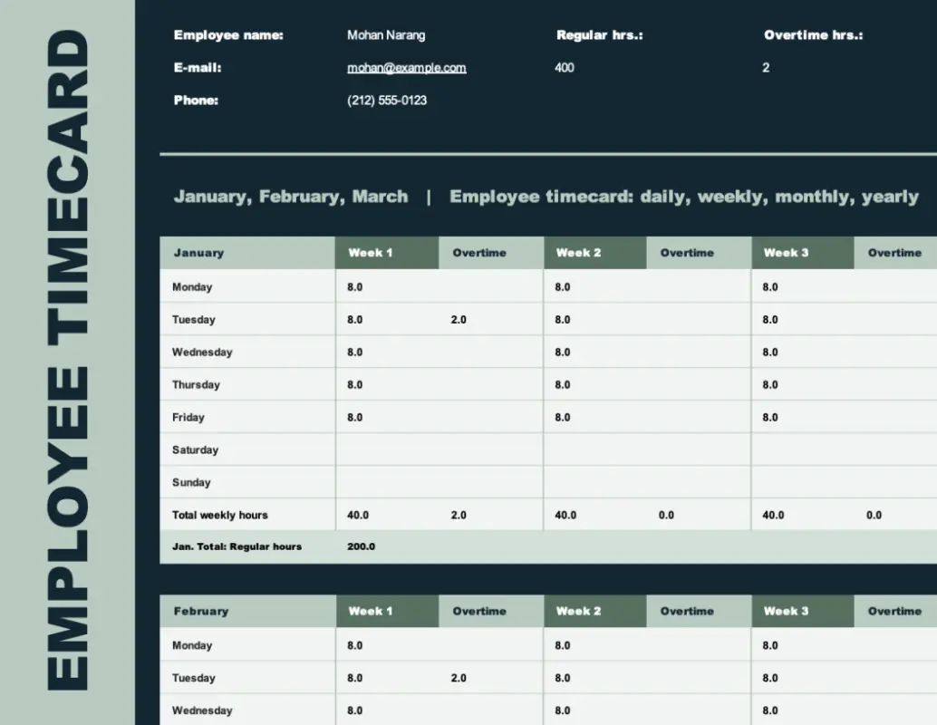 Employee timesheet (weekly, monthly, yearly) green modern simple