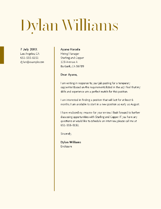 Resume cover letter for temporary position yellow vintage