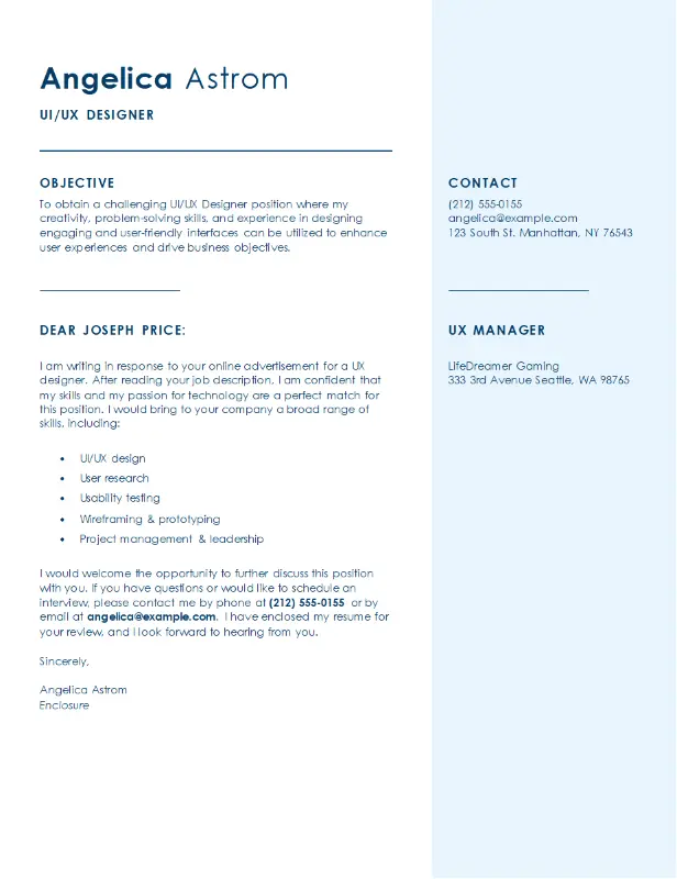 Simple UI/UX designer cover letter blue modern simple