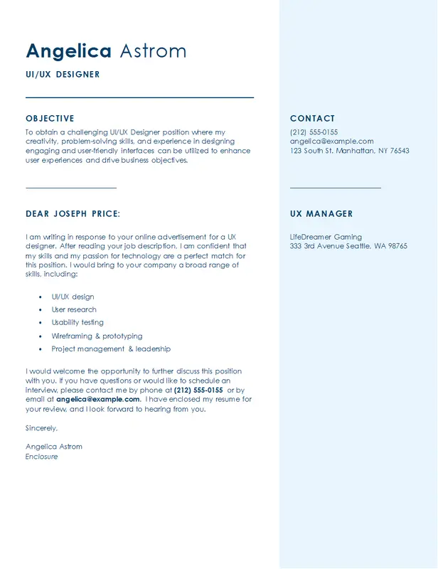 Simple UI/UX designer cover letter blue modern simple
