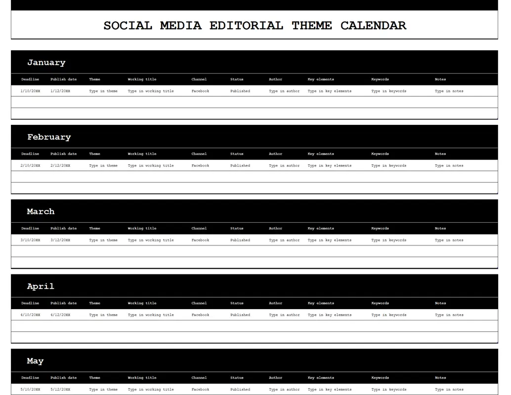 Social media platform editorial calendar blue modern-simple