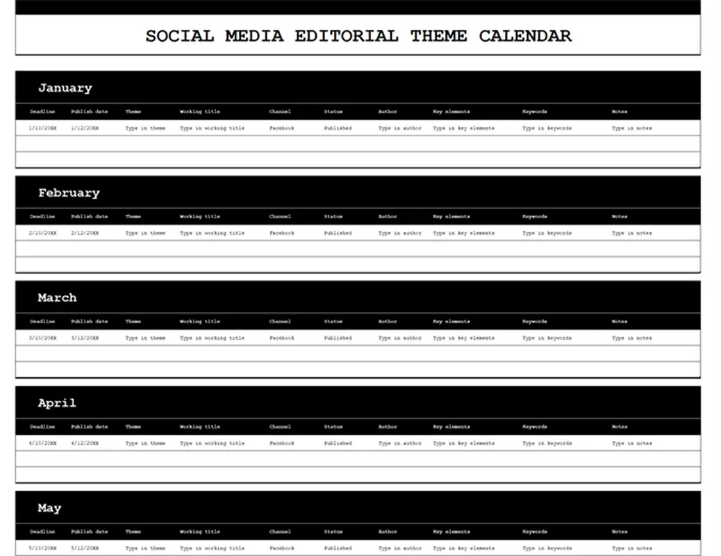 Social media platform editorial calendar blue modern-simple