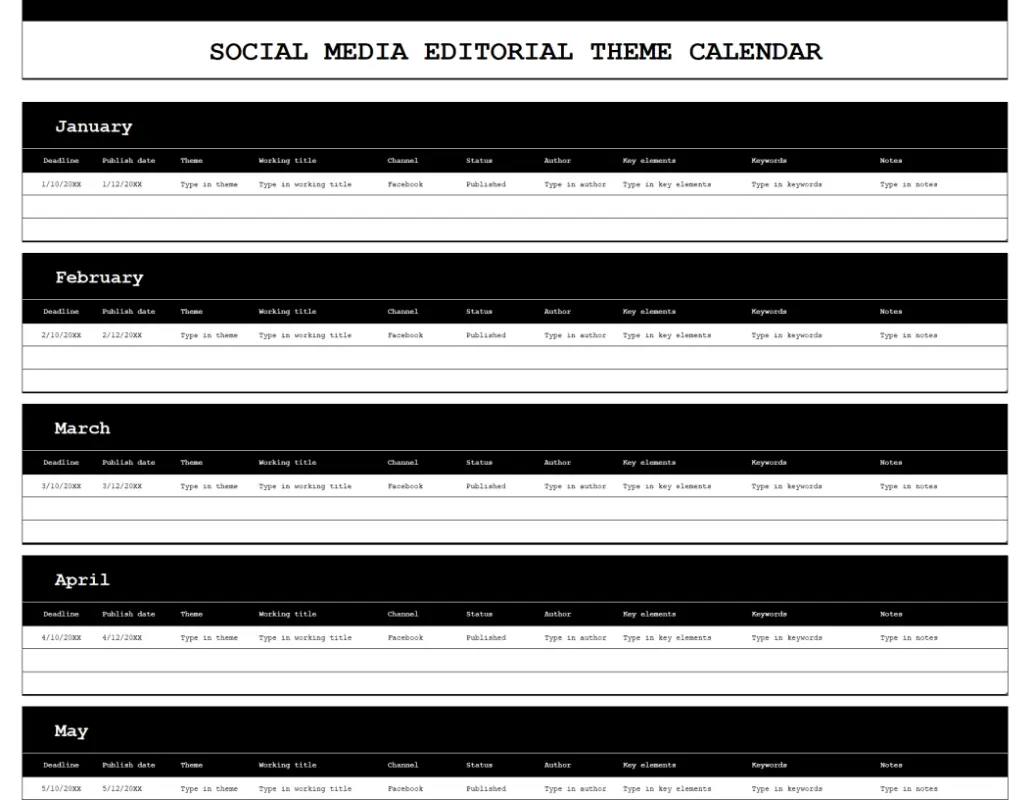 Social media platform editorial calendar blue modern-simple