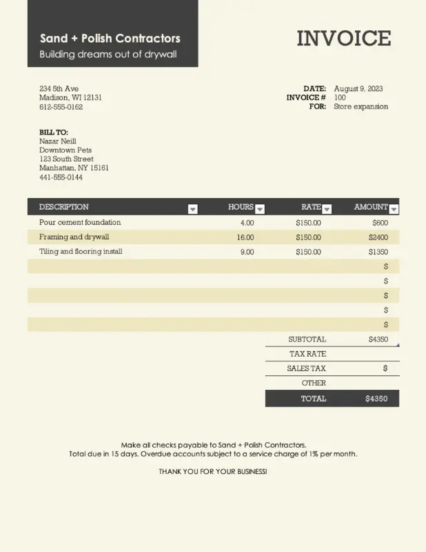 Service invoice with tax calculations black modern-simple
