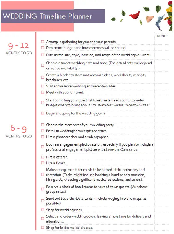 Wedding timeline planner pink modern simple