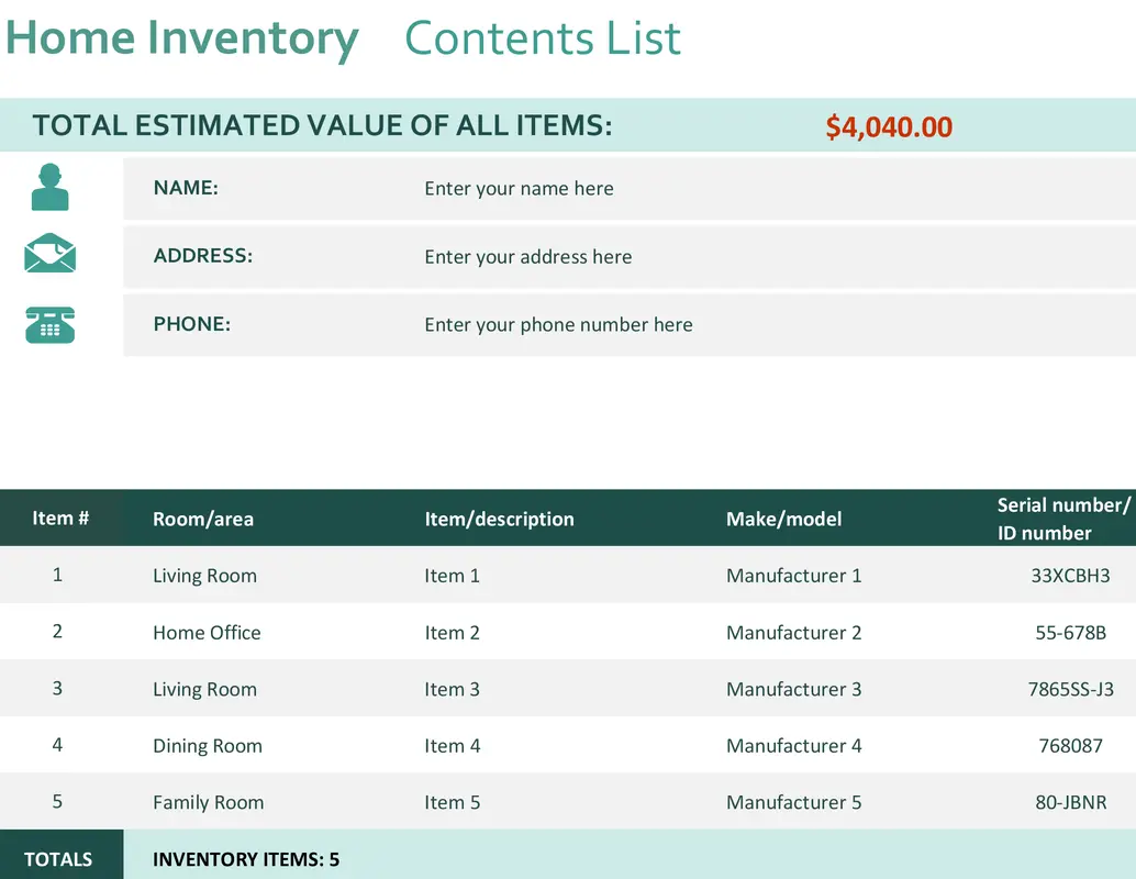 Home inventory green modern simple