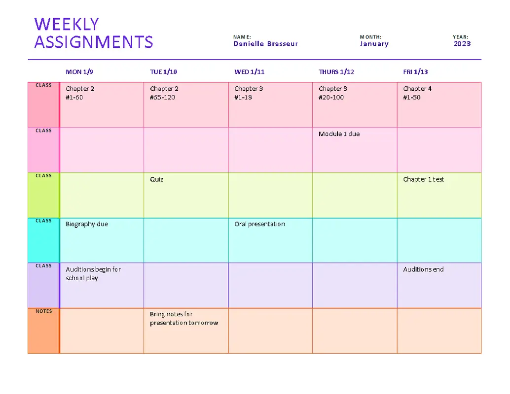 Weekly assignment sheet (color, landscape) modern simple