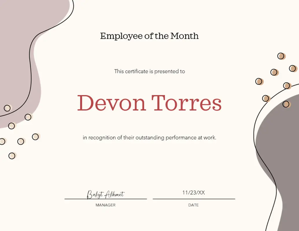 Employee recognition award certificate brown organic boho