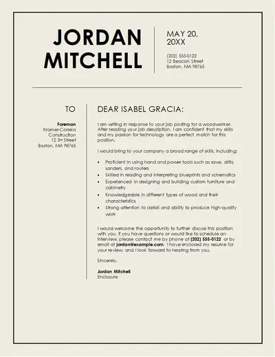 Construction work cover letter modern bold