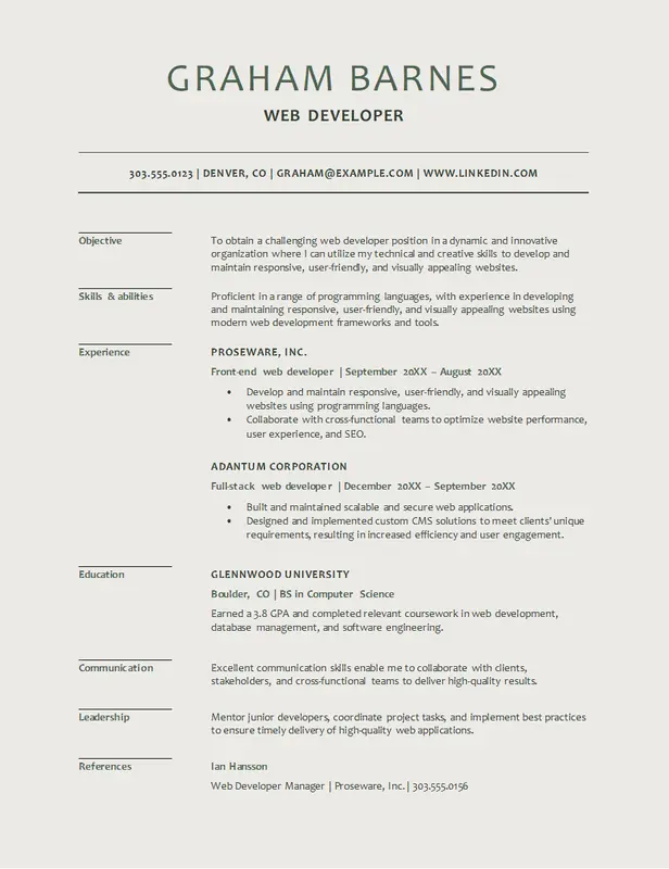 Modern web developer resume green modern simple