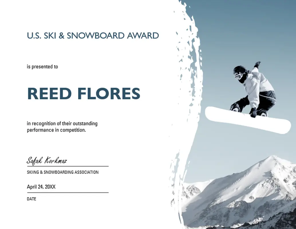 Winter sports award certificate blue modern-bold