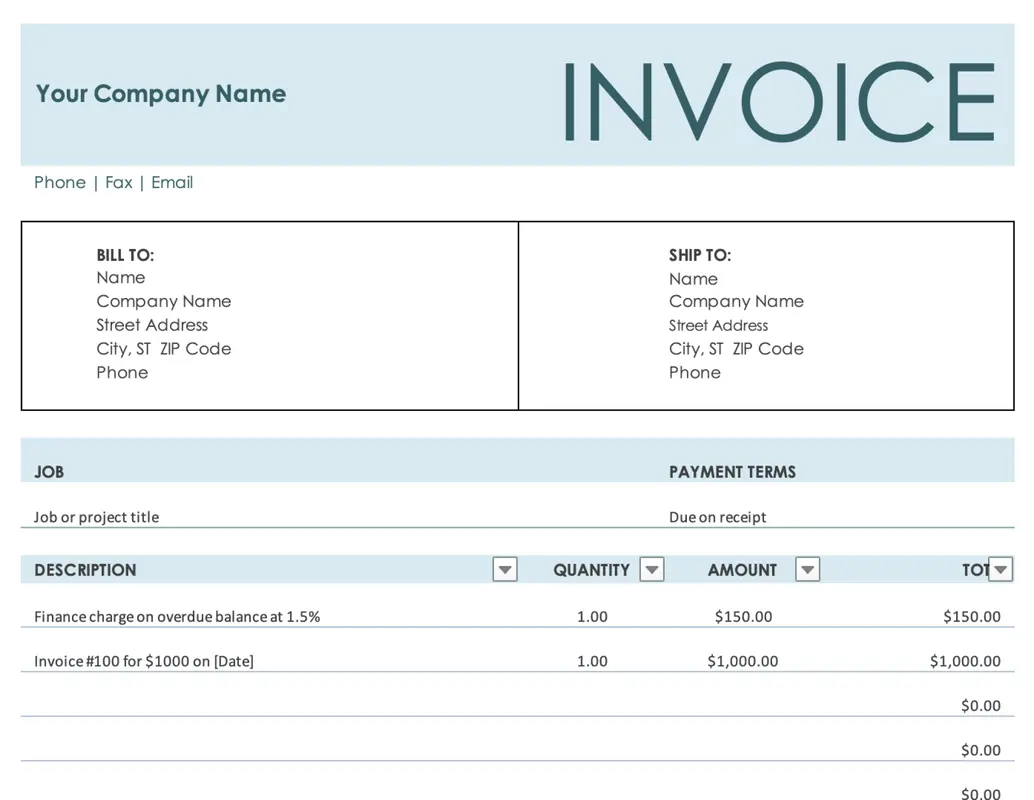 Finance charge invoice basic blue modern simple