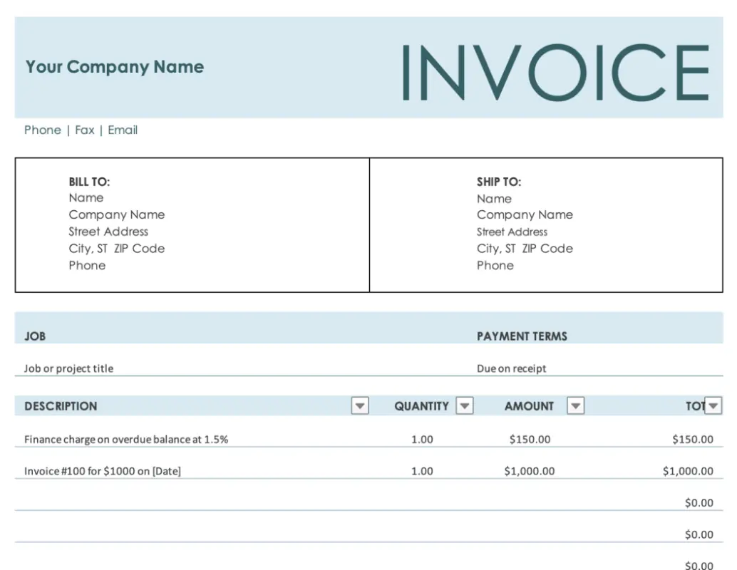 Finance charge invoice basic blue modern simple
