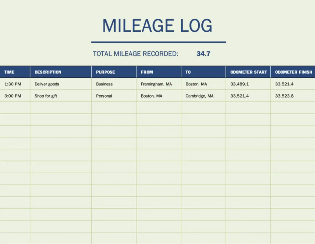 Mileage log green modern simple