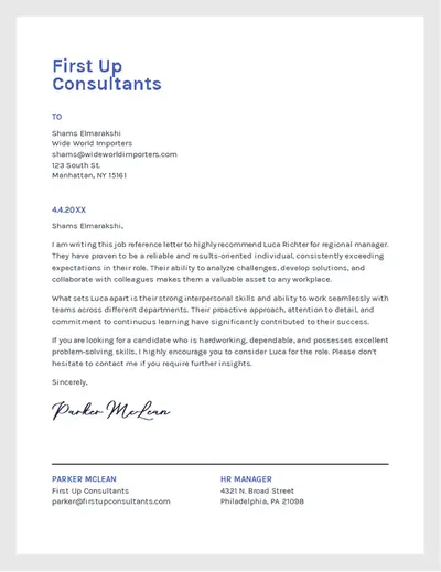 Employee recommendation letter blue modern simple