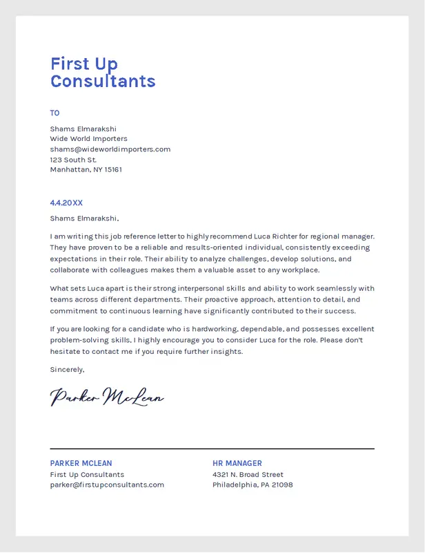 Employee recommendation letter blue modern simple