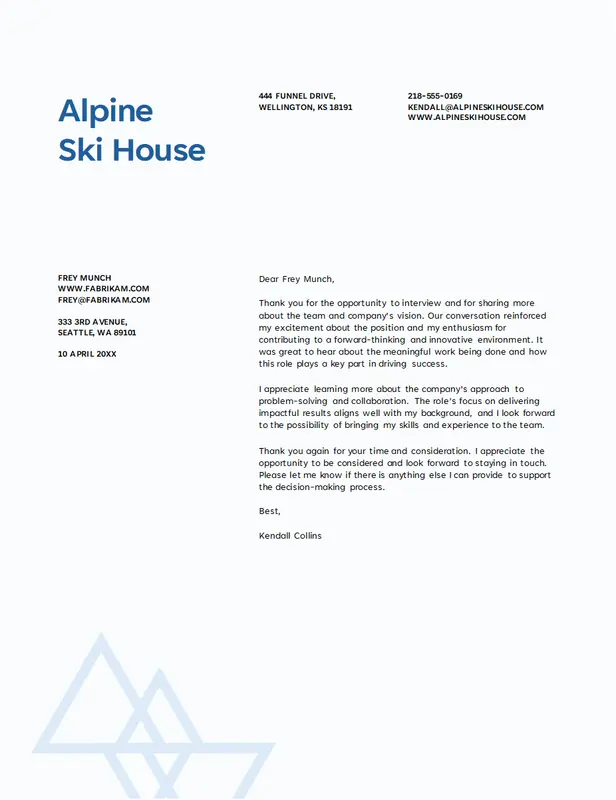 Thank you letter to interviewer blue modern bold