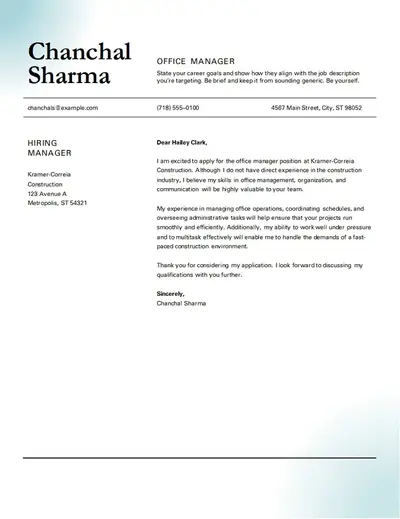 Classic office manager cover letter blue modern simple
