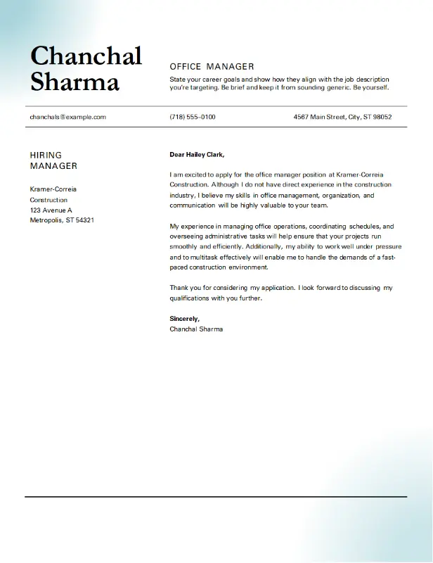 Classic office manager cover letter blue modern simple