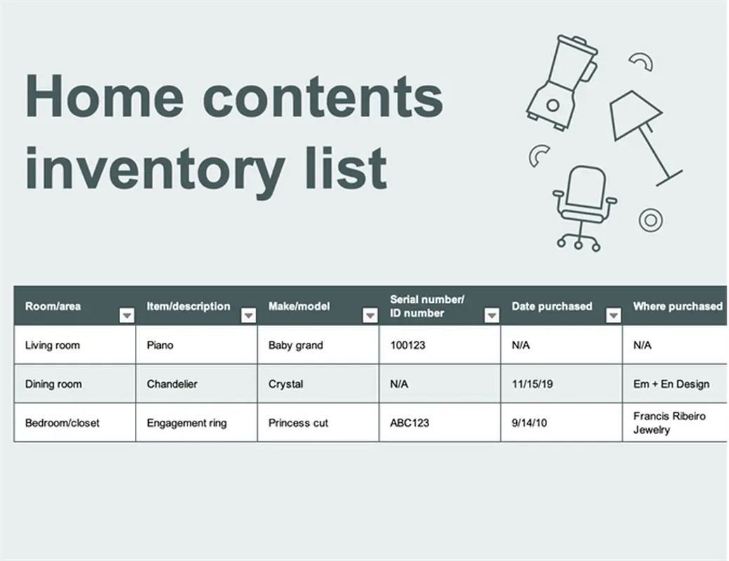 Home contents inventory list blue modern simple
