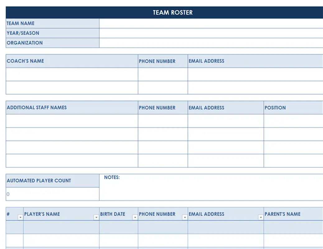 Sports team roster blue modern simple