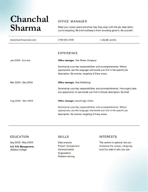 Classic office manager resume blue modern simple