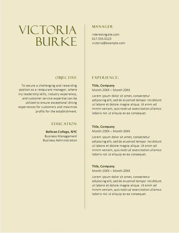 Classic food service resume vintage