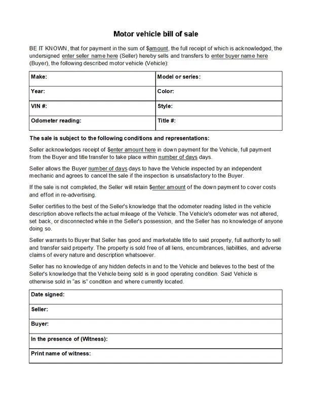 Standard motor vehicle bill of sale modern simple