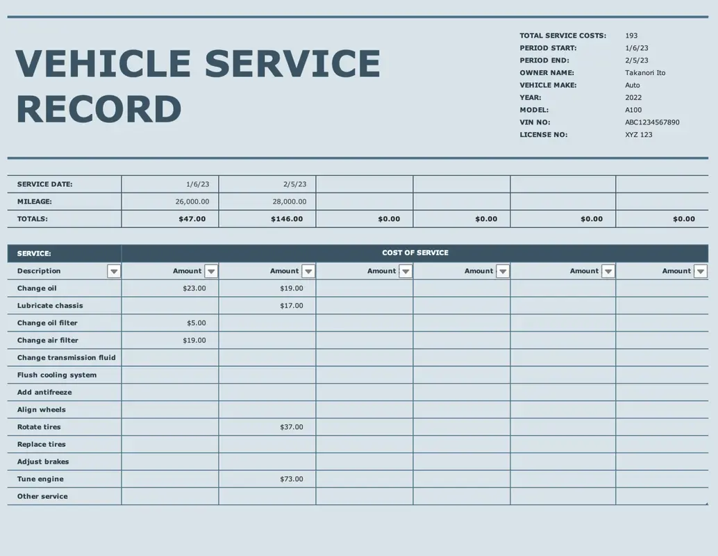 Vehicle service record blue modern simple