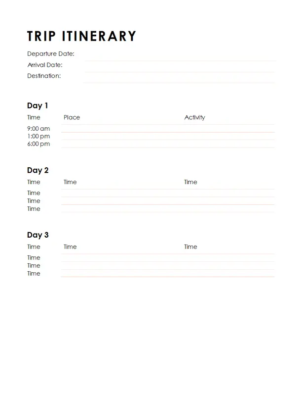 Minimalist trip itinerary modern simple