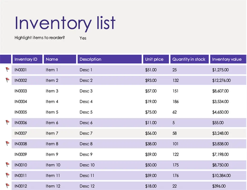 Inventory list with reorder highlighting blue modern simple