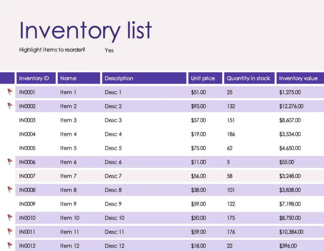 Inventory list with reorder highlighting blue modern simple