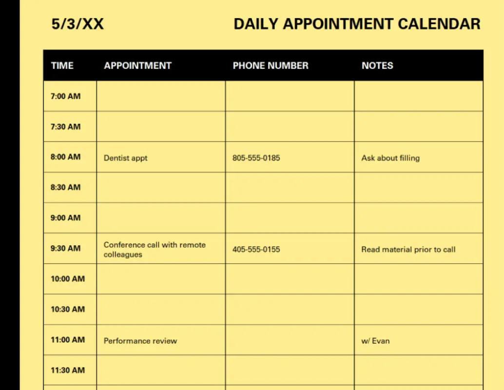 Daily appointment calendar yellow modern bold