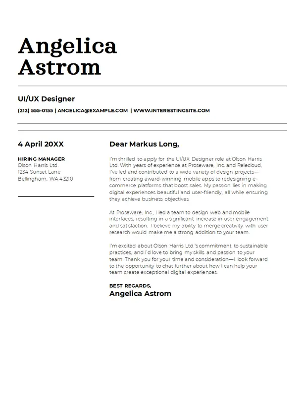 Classic UI/UX designer cover letter modern-simple