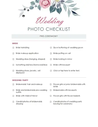 Wedding photo checklist pink organic simple