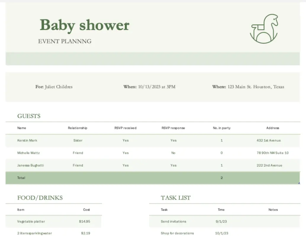Baby shower planner green modern simple