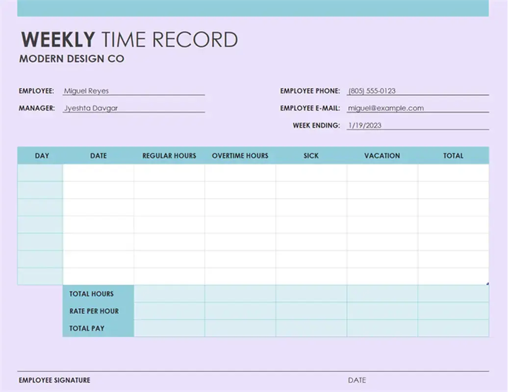 Weekly timesheet (8 1/2 x 11, portrait) purple modern simple