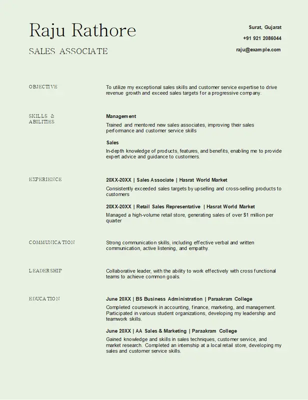 Simple sales resume green modern simple