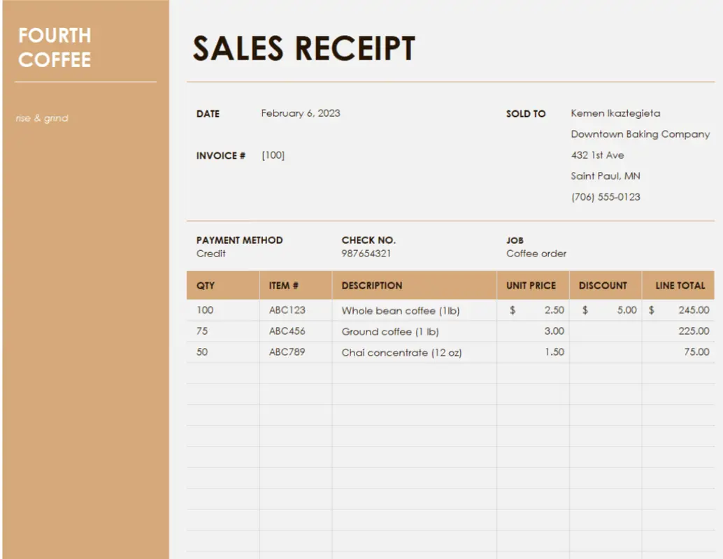 Sales receipt with logo brown modern simple