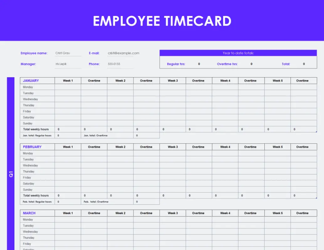 Employee timecard (daily, weekly, monthly, and yearly) green modern simple