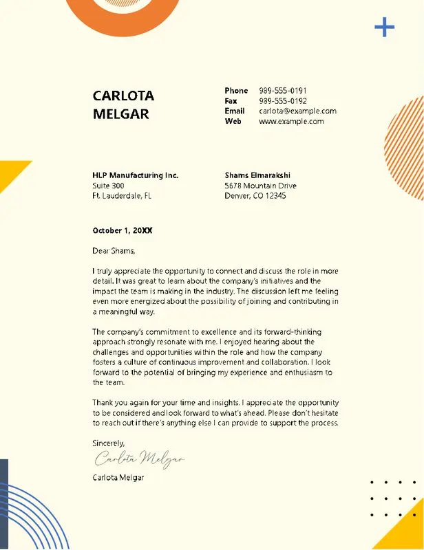 Thank you interview follow-up letter modern