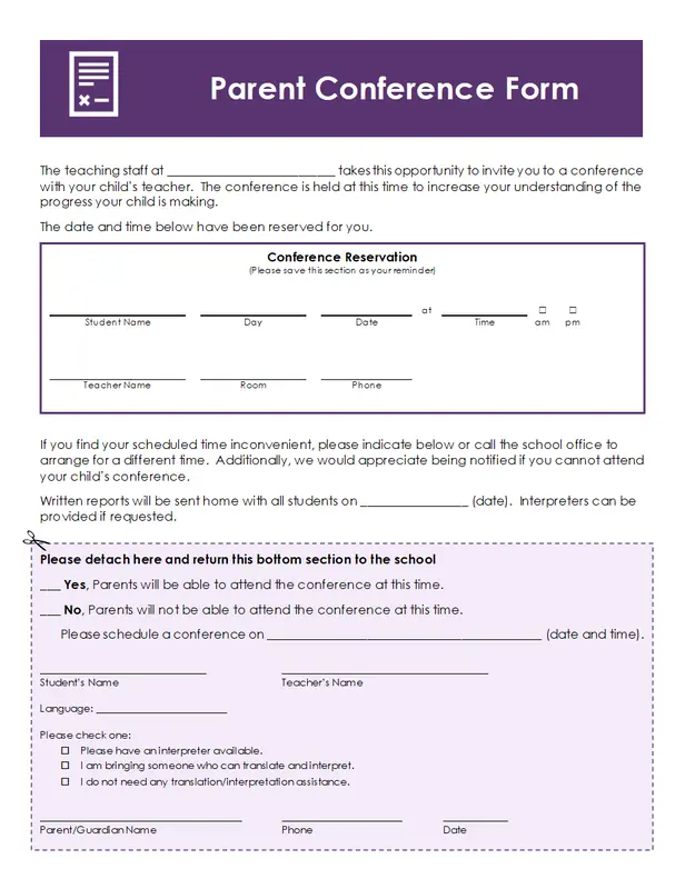 Parent conference form purple modern simple