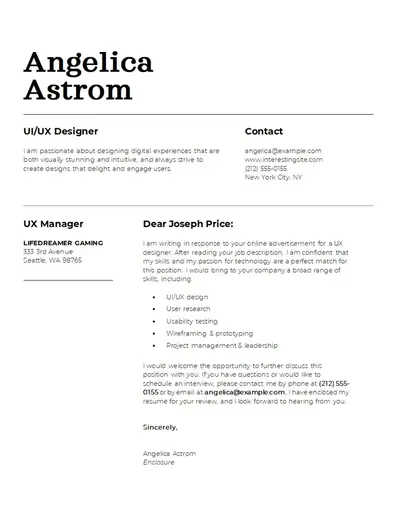 Classic UI/UX designer cover letter modern simple
