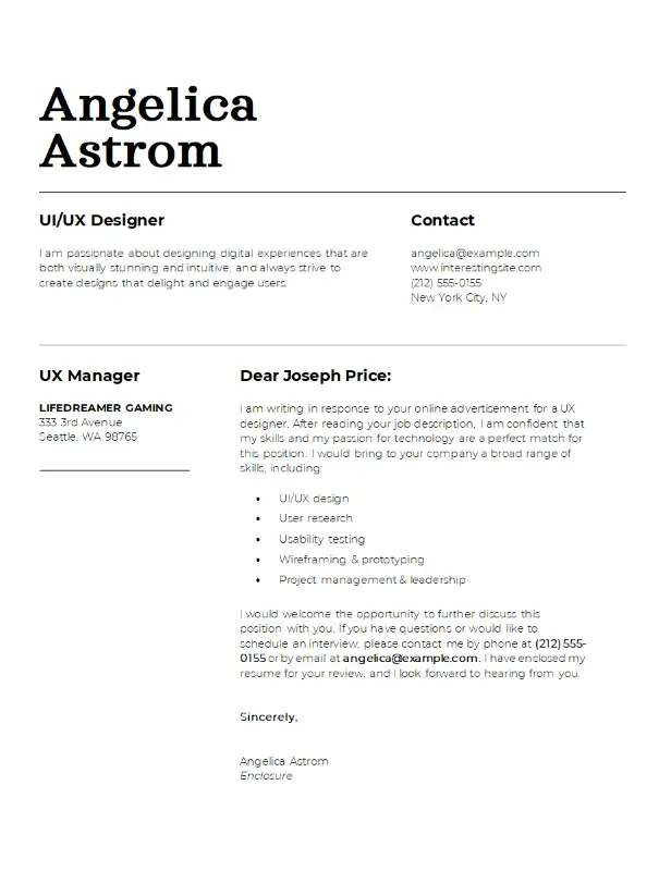 Classic UI/UX designer cover letter modern simple