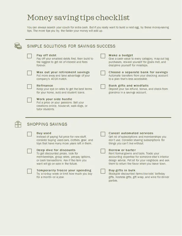 Money saving tips checklistÃ¢â‚¬â€¹ green modern simple