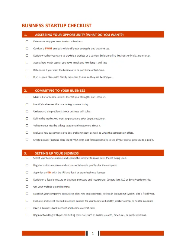 Business Startup Checklist orange modern simple