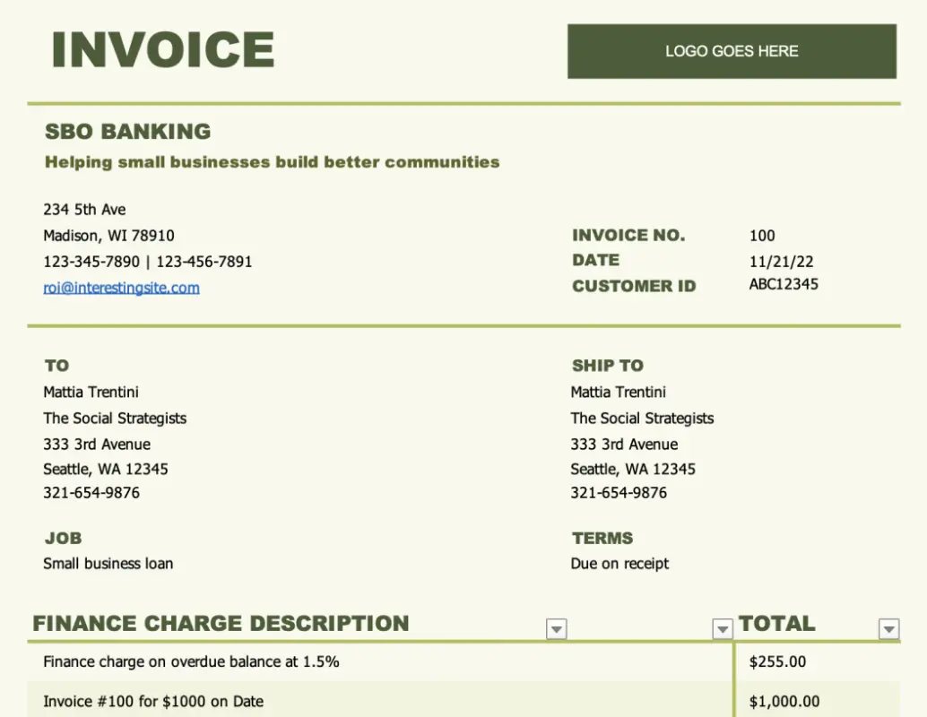 Invoice with finance charge green modern simple