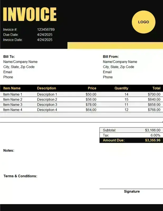 Modern basic black & yellow standard invoice black modern simple corporate