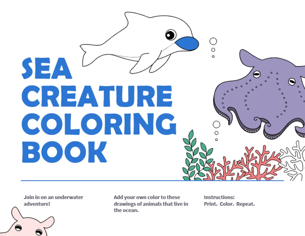 Sea creatures coloring book whimsical color block