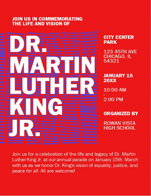 Flyer for Martin Luther King Jr. Day event red modern bold